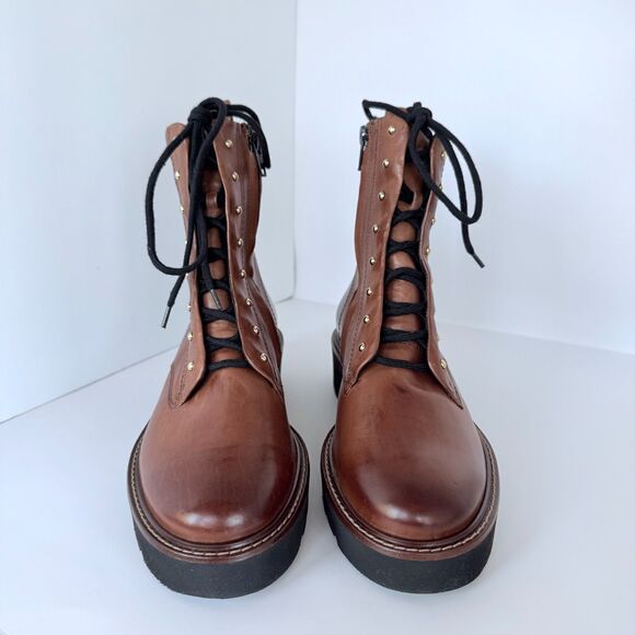 NIB Paul Green Joan Lace-Up Combat Ankle Bootie in Cognac Brown Leather Size 6 - Picture 5 of 11